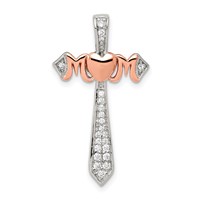 Sterling Silver Polished Rhodium & Rose Gold-plated Mom CZ Cross Pendant view 1