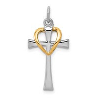 Sterling Silver Platinum-plated & Gold-tone Polished Cross Pendant with Heart view 1