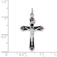 Sterling Silver Platinum-plated Black Epxy Purple CZ Inri Cross Pendant view 3