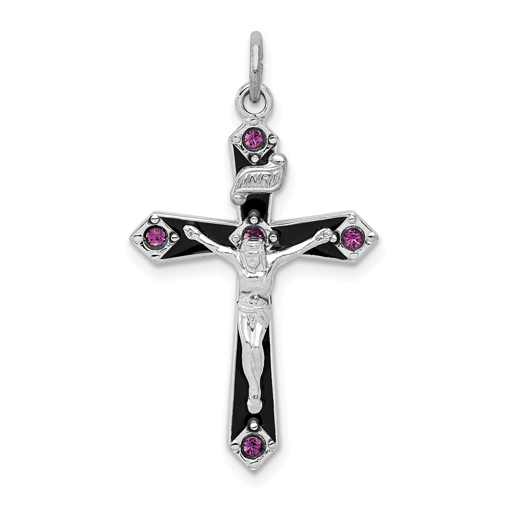 Sterling Silver Platinum-plated Black Epxy Purple CZ Inri Cross Pendant