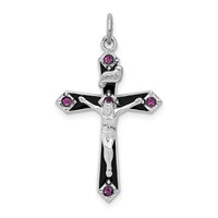 Sterling Silver Platinum-plated Black Epxy Purple CZ Inri Cross Pendant view 1