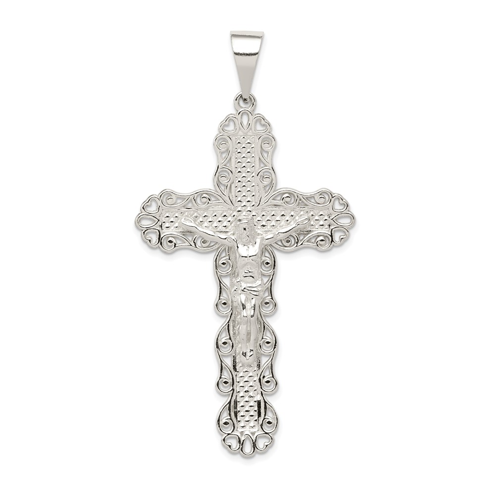 Sterling Silver Polished & Textured Large Floral Cross Pendant with Jesus