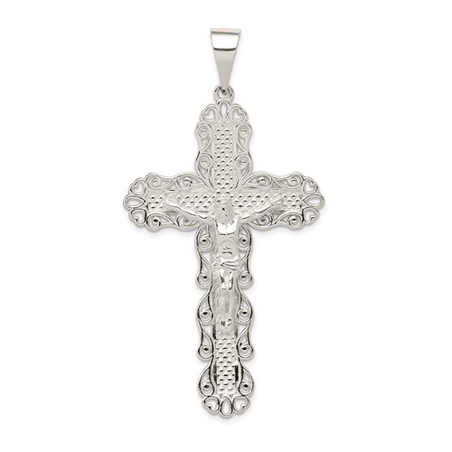 Sterling Silver Polished & Textured Large Floral Cross Pendant with Jesus