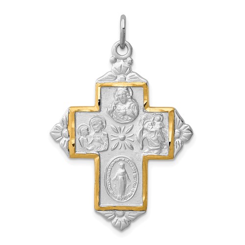 Sterling Silver Rhodium-plated & Gold-tone 4-Way Medal Cross Pendant