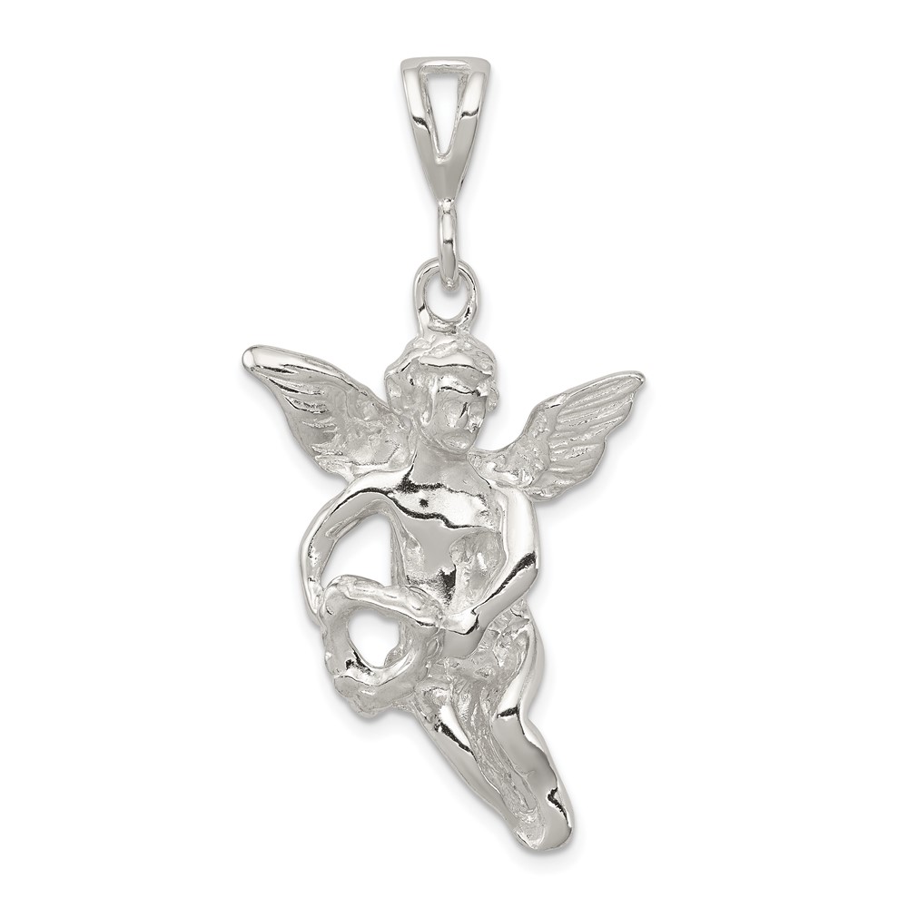 Sterling Silver Polished & Textured Flying Angel Pendant with Heart