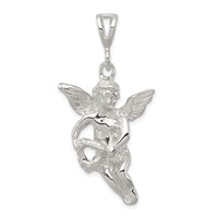 Sterling Silver Polished & Textured Flying Angel Pendant with Heart view 1