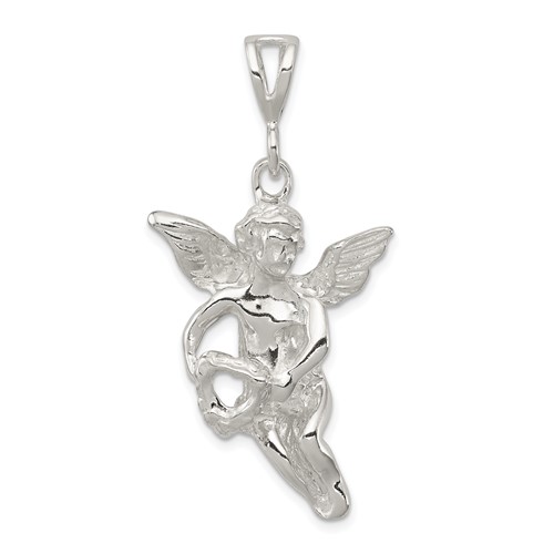 Sterling Silver Polished & Textured Flying Angel Pendant with Heart