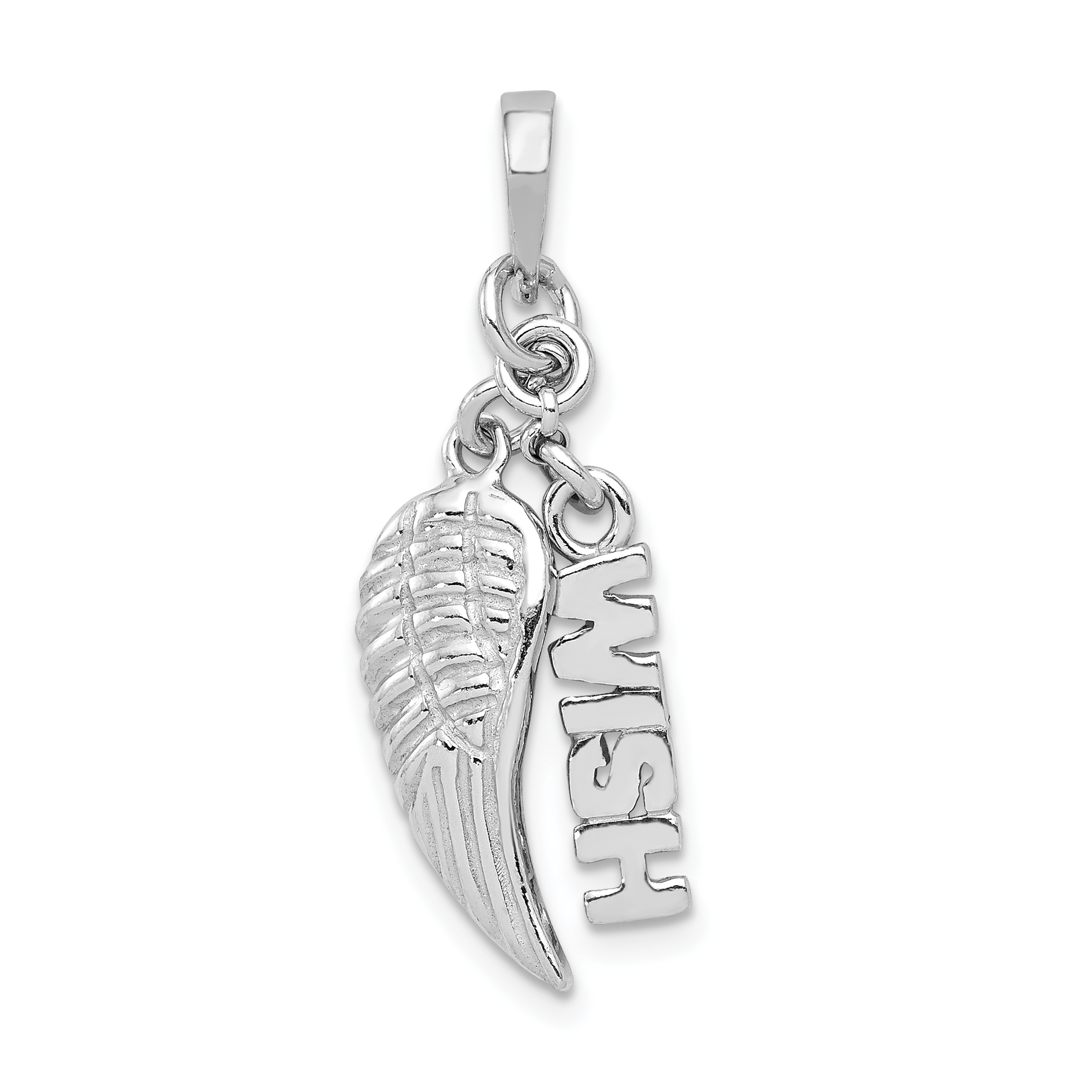 Sterling Silver Rhodium-plated Polished/Textured Wish/Angel Wing Pendant (QC8418)
