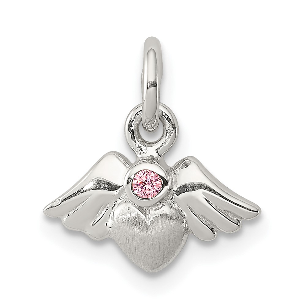 Sterling Silver Rhod-pltd Polished Satin Heart Pendant with Wings Pink CZ