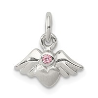 Sterling Silver Rhod-pltd Polished Satin Heart Pendant with Wings Pink CZ view 1