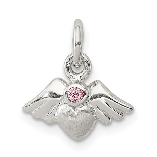 Sterling Silver Rhod-pltd Polished Satin Heart Pendant with Wings Pink CZ