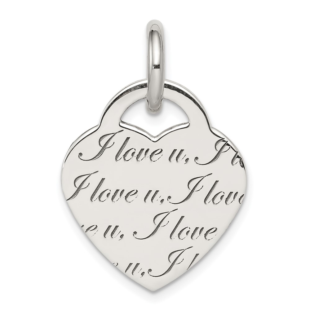 Sterling Silver Antiqued Polished I Love You Engravable 19mm Heart Pendant