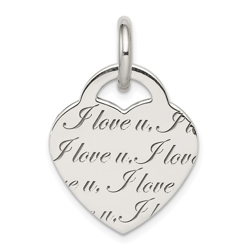 Sterling Silver Antiqued Polished I Love You Engravable 19mm Heart Pendant