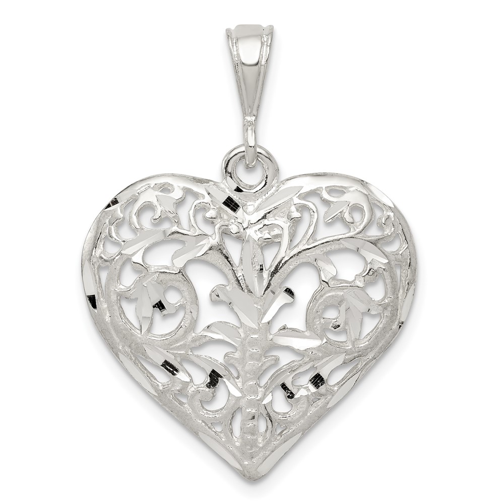 Sterling Silver Polished Diamond-cut Filigree Heart Pendant