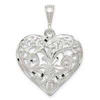 Sterling Silver Polished Diamond-cut Filigree Heart Pendant view 1