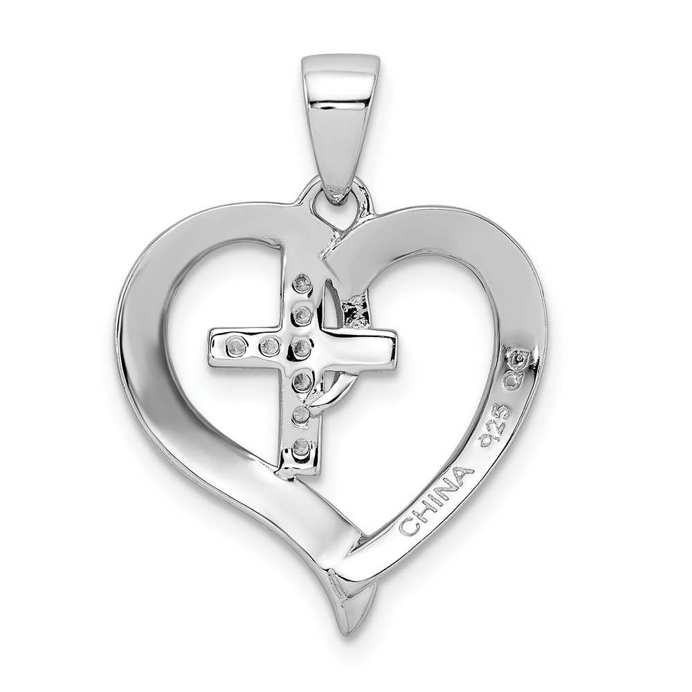 Sterling Silver Rhodium-plated Polished Heart with CZ Cross Pendant (QC8486)