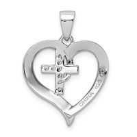 Sterling Silver Rhodium-plated Polished Heart Pendant with CZ Cross view 3