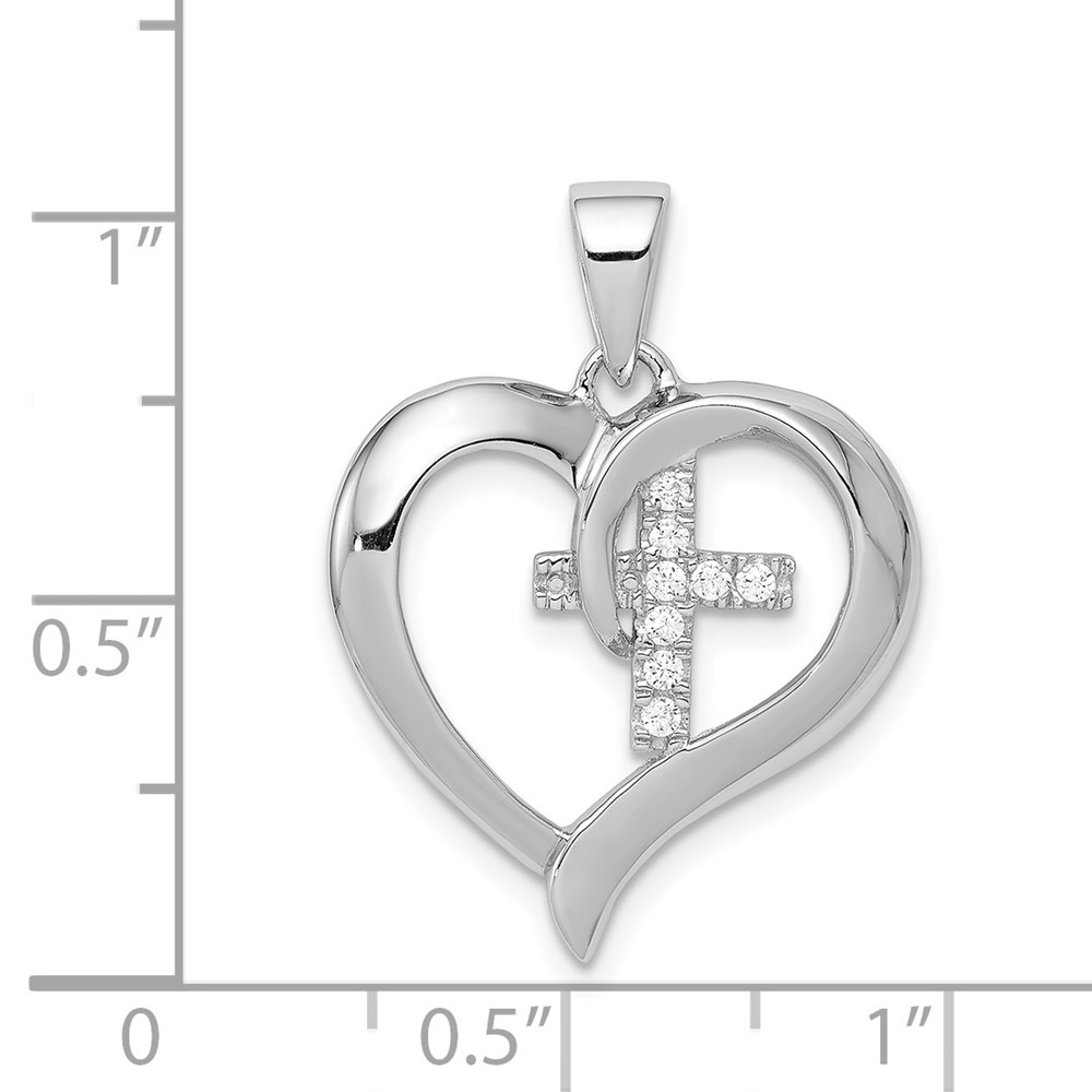 Sterling Silver Rhodium-plated Polished Heart with CZ Cross Pendant (QC8486)