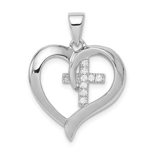 Sterling Silver Rhodium-plated Polished Heart Pendant with CZ Cross