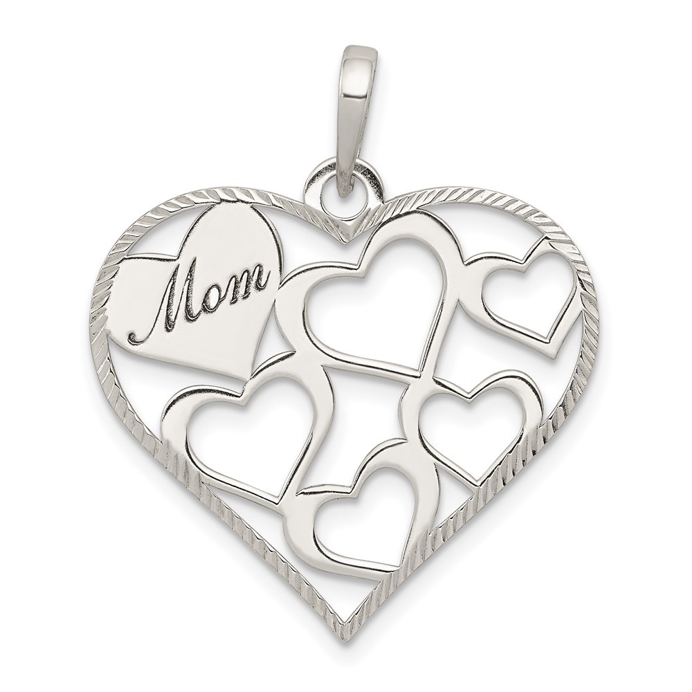 Sterling Silver Polished and Textured Mom Engraved Heart Pendant