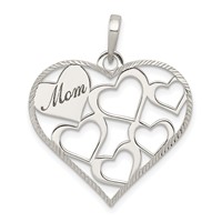 Sterling Silver Polished and Textured Mom Engraved Heart Pendant view 1