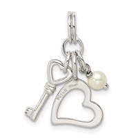 Sterling Silver Polished Key and Heart Charm with Simulated Pearl view 3