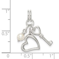 Sterling Silver Polished Key and Heart Charm with Simulated Pearl view 4