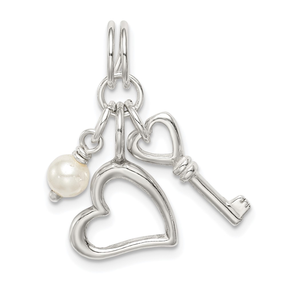 Sterling Silver Polished Key and Heart Charm with Simulated Pearl