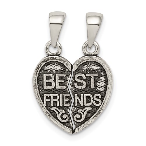 Sterling Silver Antiqued Best Friends 2-Piece Break-Apart Heart Pendant