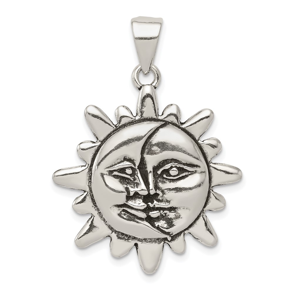 Sterling Silver Antiqued Sun and Crescent Moon Face Pendant