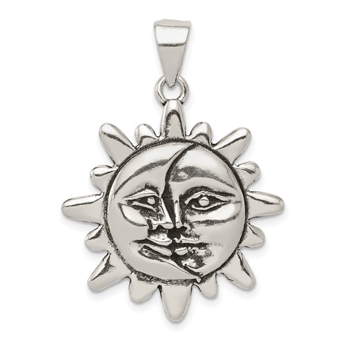 Sterling Silver Antiqued Sun and Crescent Moon Face Pendant