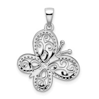 Sterling Silver Rhodium-plated Polished CZ Filigree Butterfly Pendant view 3