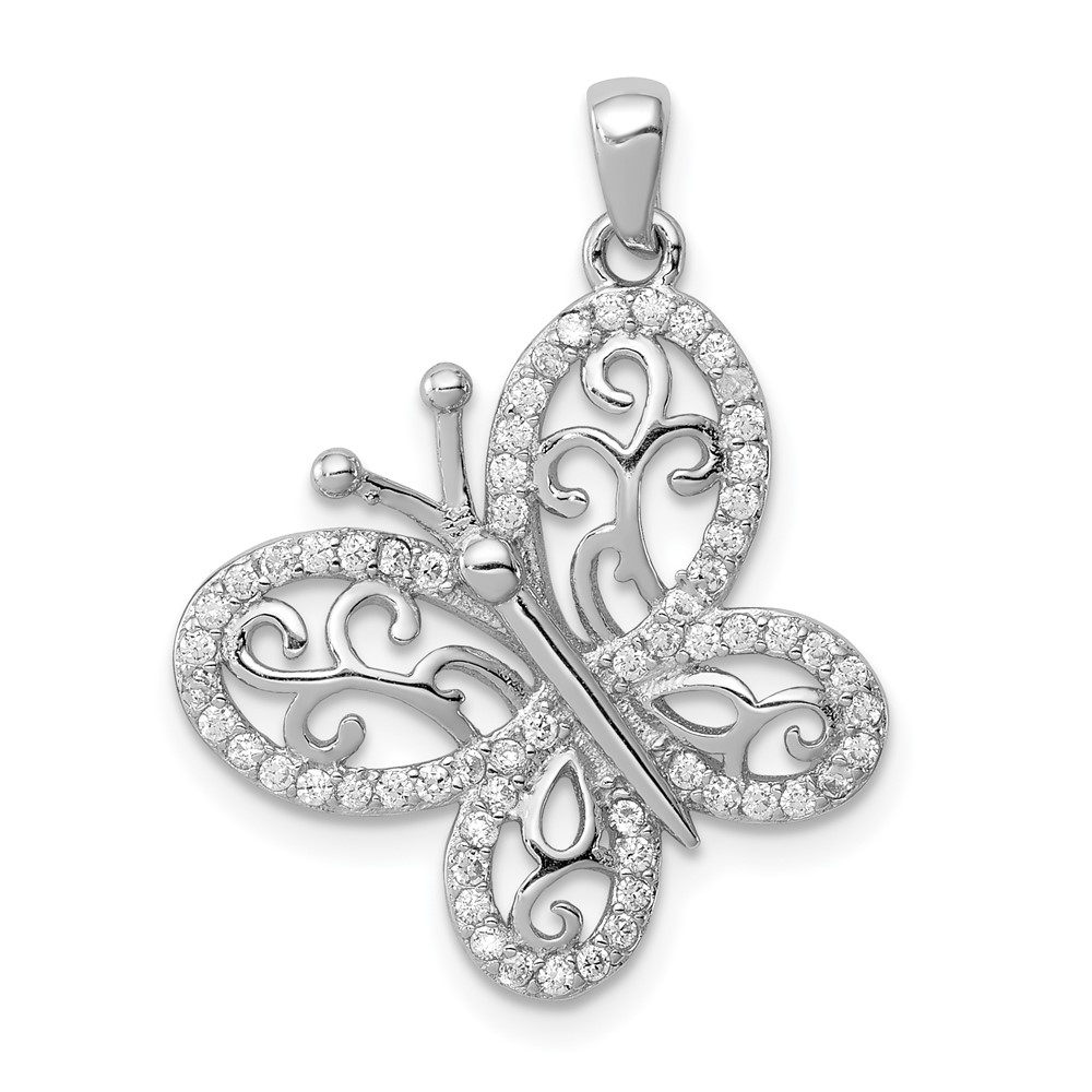 Sterling Silver Rhodium-plated Polished CZ Butterfly Pendant (QC8585)