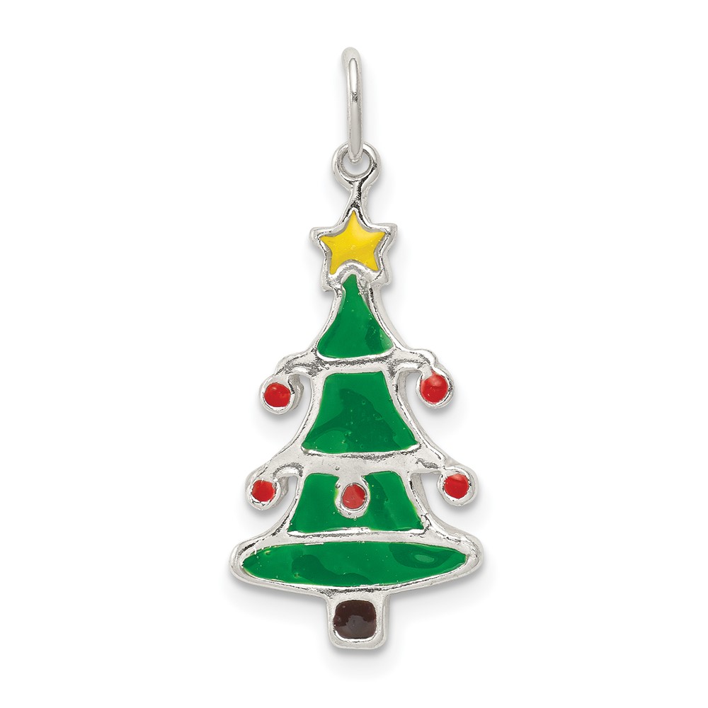 Sterling Silver Polished Multi-color Enameled Christmas Tree Pendant