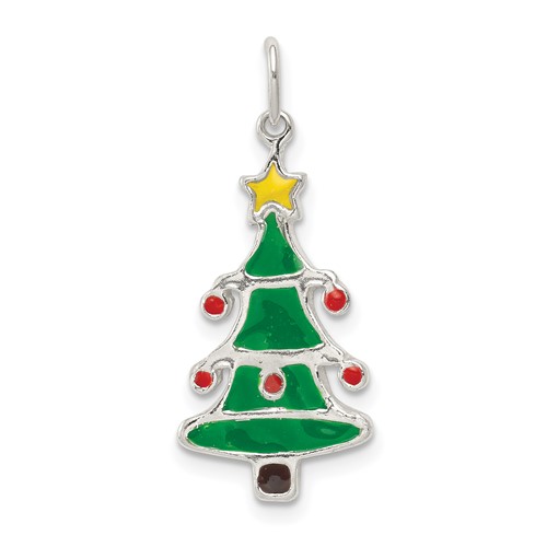 Sterling Silver Polished Multi-color Enameled Christmas Tree Pendant