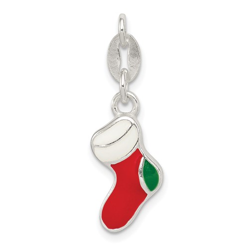 Sterling Silver Polished Red White Green Enameled Christmas Stocking Charm