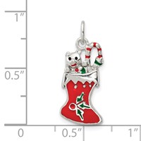 Sterling Silver Polished Red and Green Enameled Christmas Stocking Pendant view 3