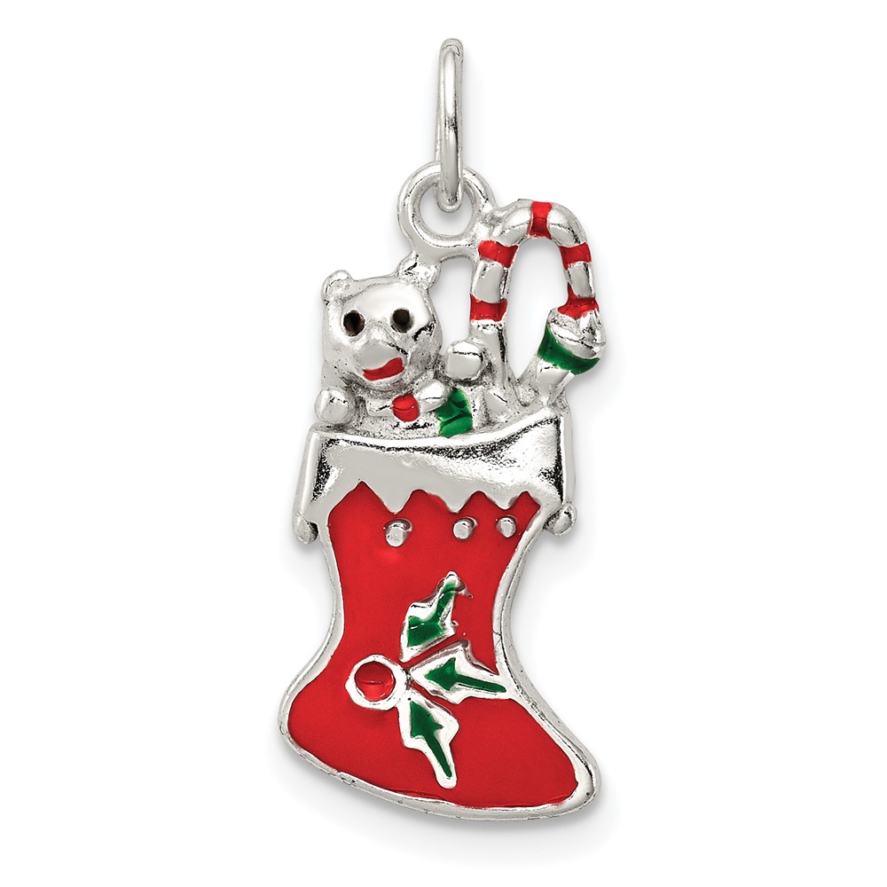 Sterling Silver Polished Red and Green Enameled Christmas Stocking Pendant