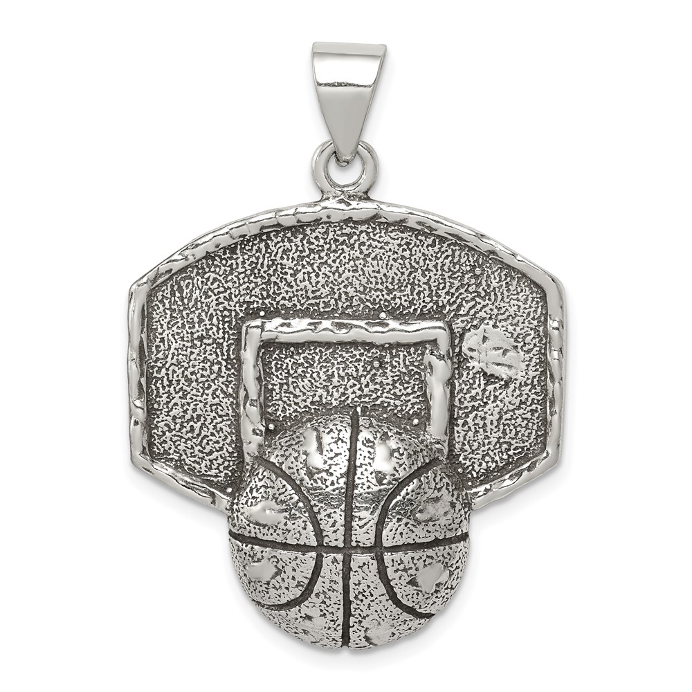 Sterling Silver Antiqued & Textured Basketball Pendant with Backboard