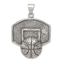 Sterling Silver Antiqued & Textured Basketball Pendant with Backboard view 1