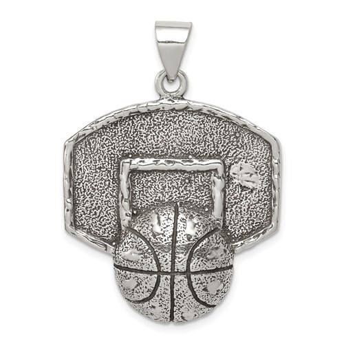 Sterling Silver Antiqued Textured Basketball Pendant with Backboard