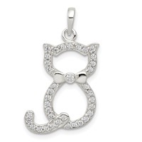 Sterling Silver Polished CZ Cat Pendant view 1
