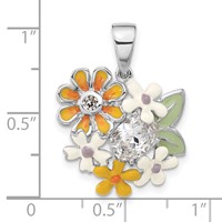 Sterling Silver Polished CZ & Enameled Floral Pendant view 3