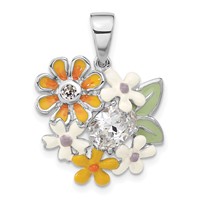 Sterling Silver Polished CZ & Enameled Floral Pendant view 1