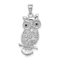 Sterling Silver Rhodium-plated CZ Owl Pendant view 1