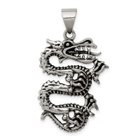 Sterling Silver Antiqued Dragon Pendant with Tongue Out view 1