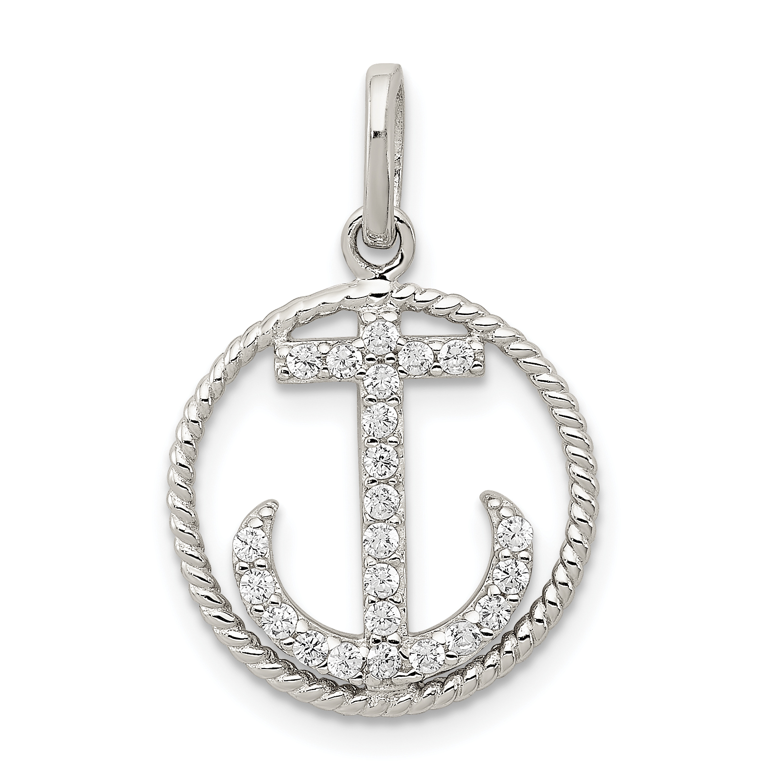Sterling Silver Rhodium-plated Polished CZ Anchor Pendant (QC8997)