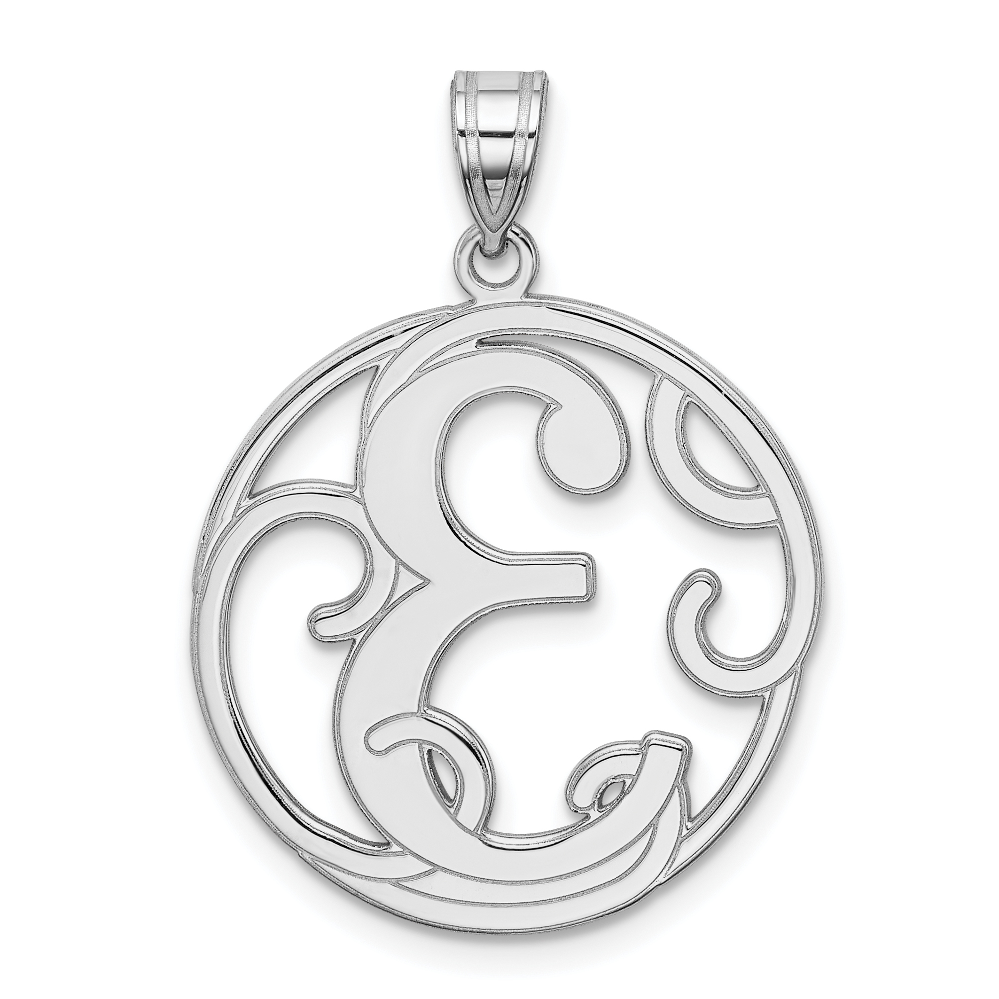 Sterling Silver Rhodium-plated Fancy Script Letter E Initial Pendant (QC8999E)
