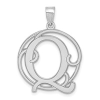 Sterling Silver Rhodium-plated Fancy Script Letter Q Initial Pendant view 1