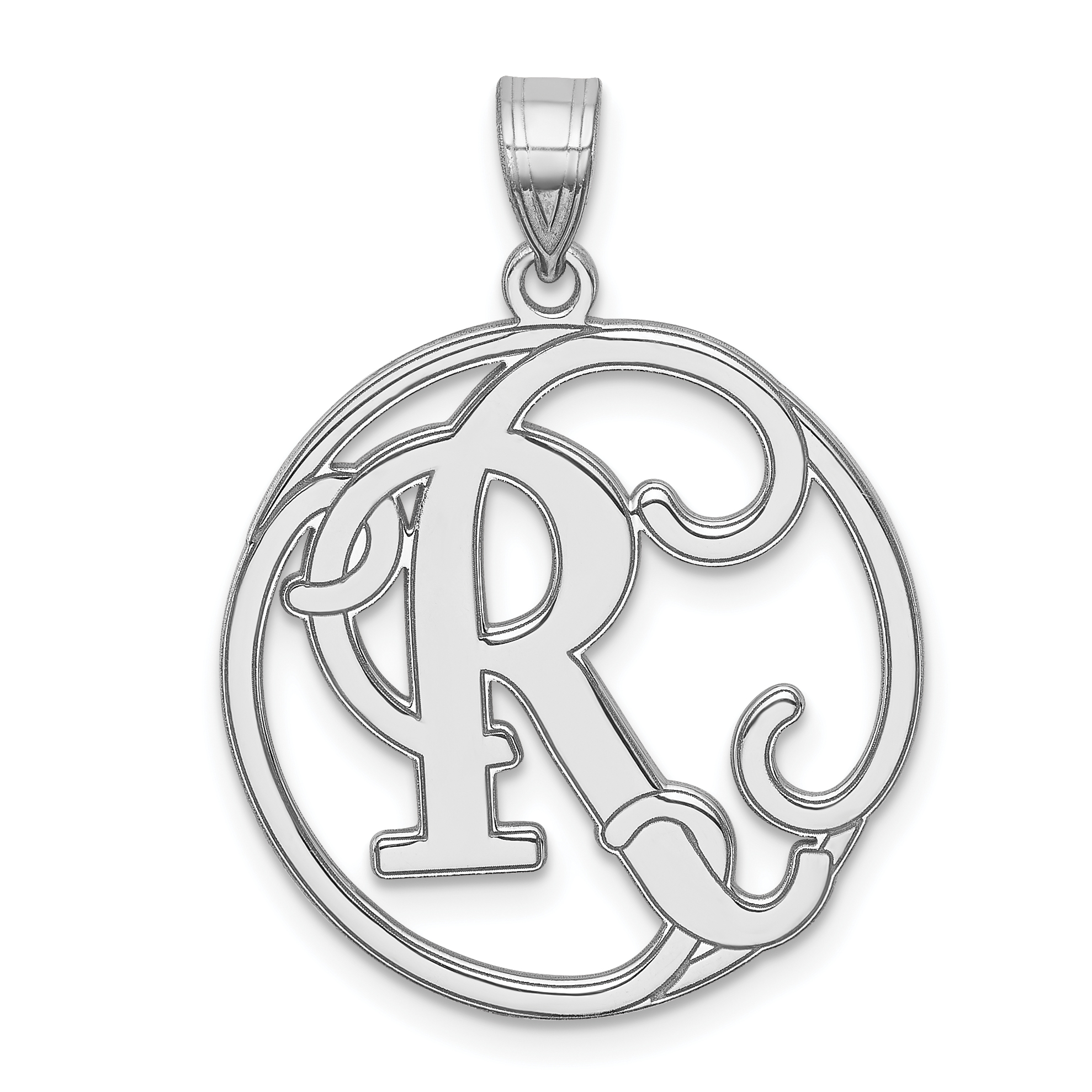 Sterling Silver Rhodium-plated Fancy Script Letter R Initial Pendant (QC8999R)